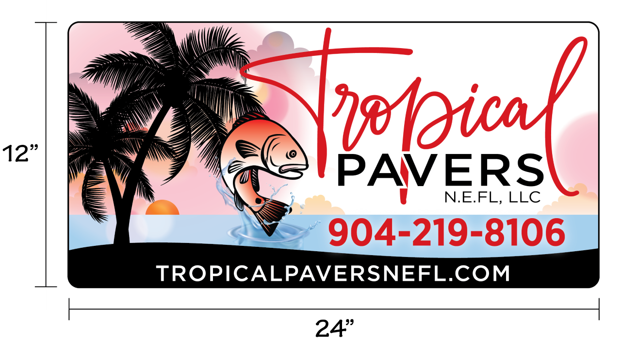 Business card for tropical pavers with a colorful design, featuring palm trees and a fish logo, contact information, and website.