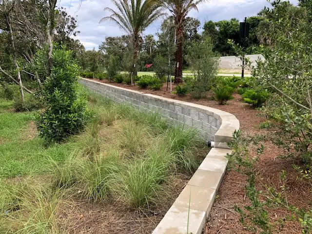 A curved retaining wall in a landscaped area with various shrubs and grasses.
