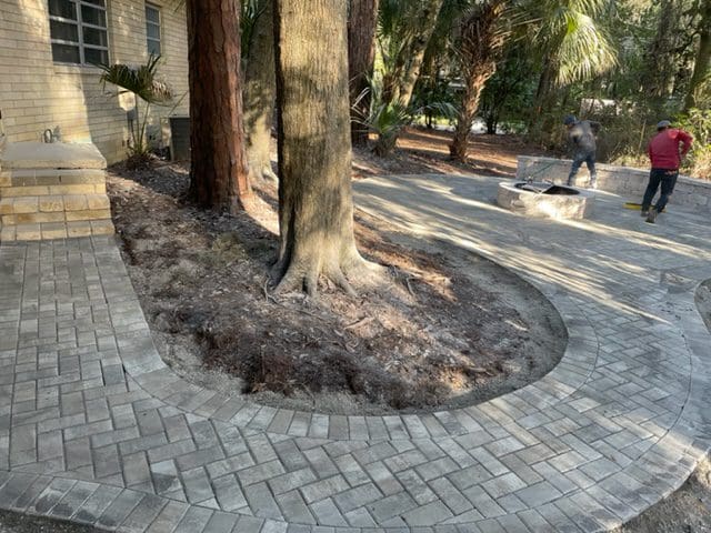 Paved walkway curving around a tree with two individuals working in the background.